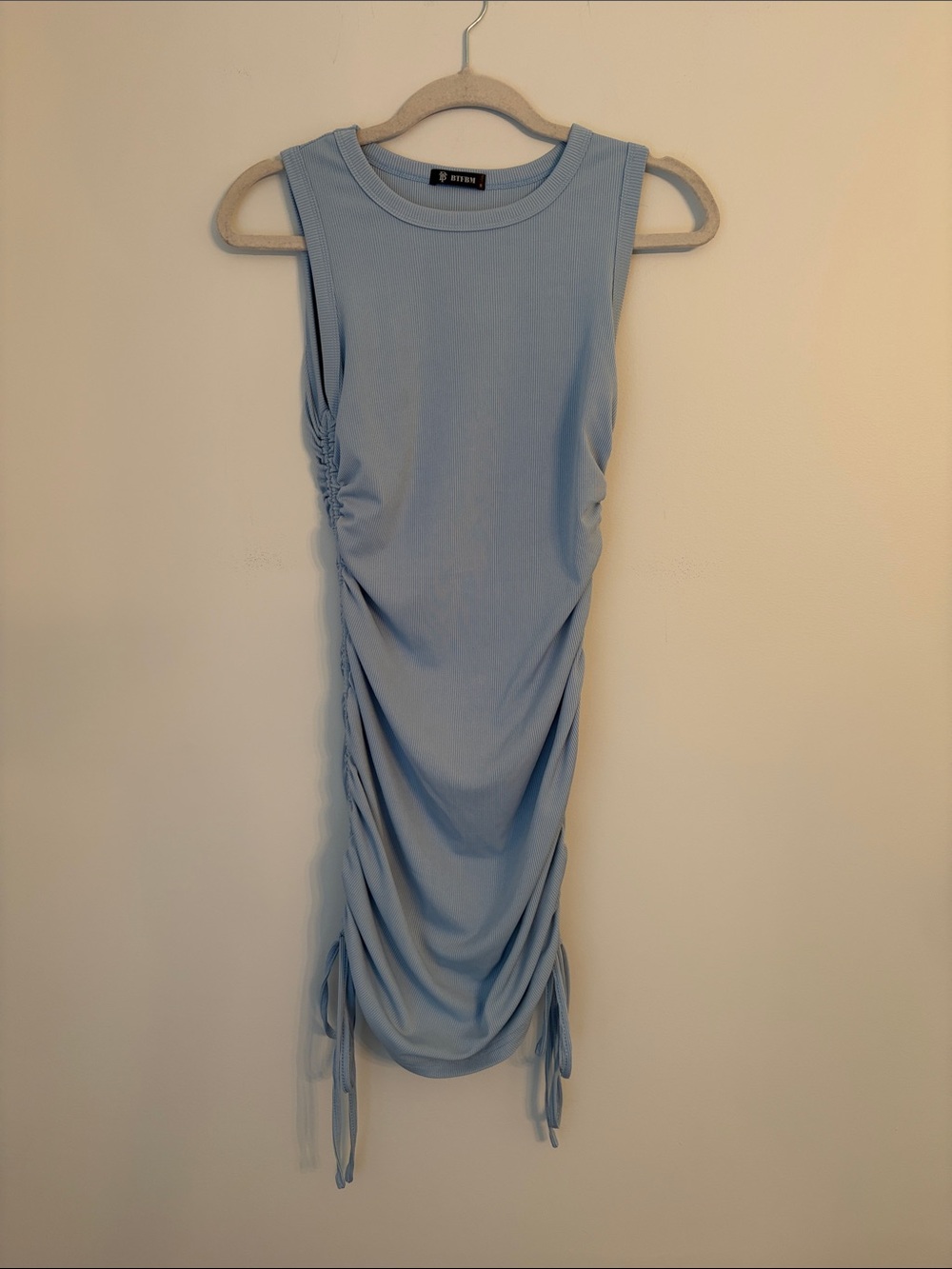BTFBM Light Blue Ribbed Mini Dress with Side Ruching Size Small